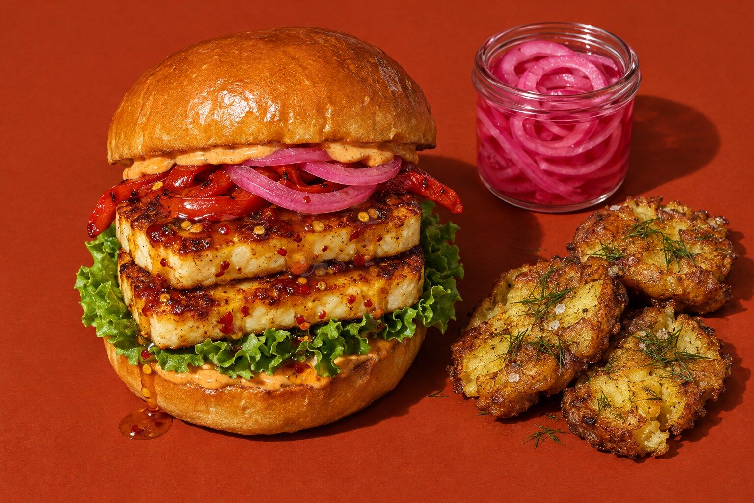 Eldburgaren: briochebröd med två glaserade skivor stekt grillost, picklad rödlök, grillad paprika och sallad, med krossad potatis och en burk picklad lök bredvid.